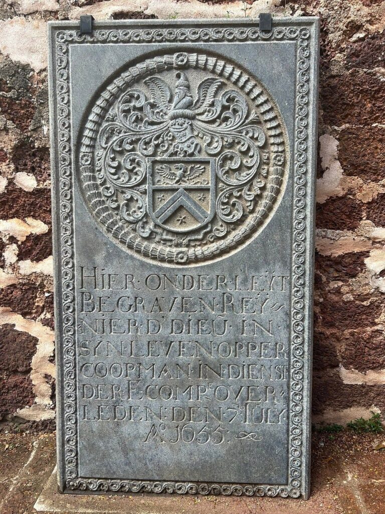 An ornate 17th-century Dutch tombstone inside the ruins of St. Paul's Church, Malacca.